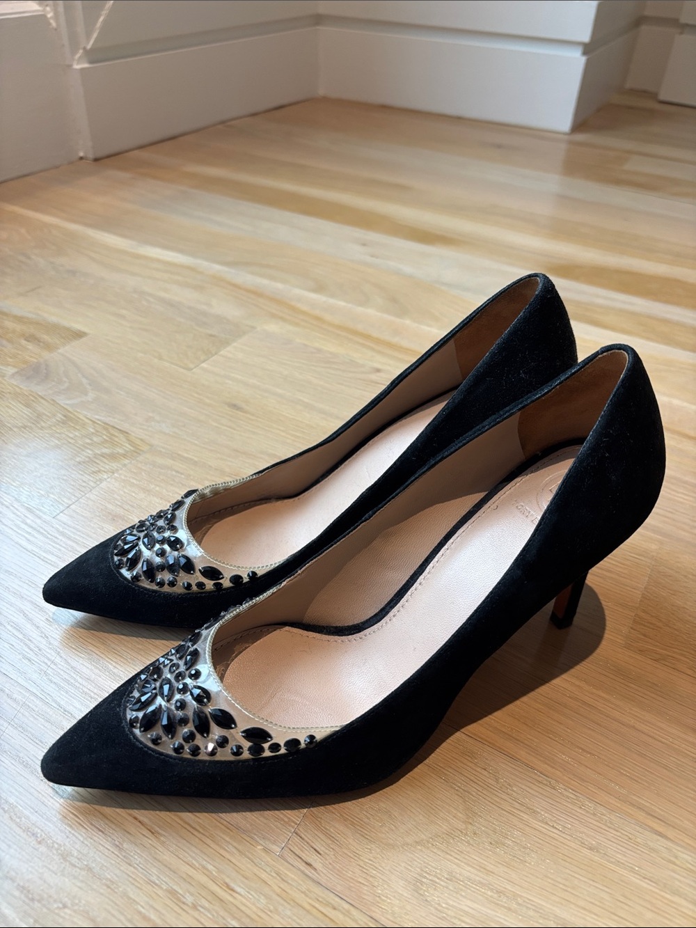 Tory Burch Black Suede Pointed-Toe Pumps with Jeweled Accent